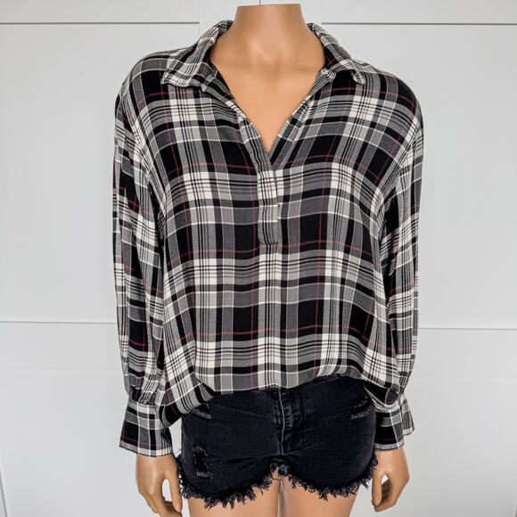 Chaps Tops - Chaps, Plaid Split Neck Relaxed Fit Henley Top, White/Black/Red, Women’s Large